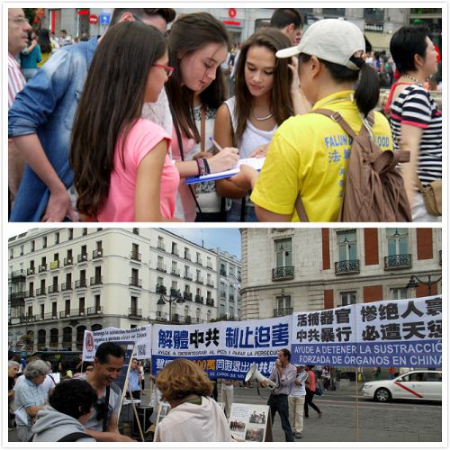 欧洲多个国家的法轮功学员马德里集会，向来自世界各地的游人和民众展示法轮功功法，征集签名反对活体摘取法轮功学员器官