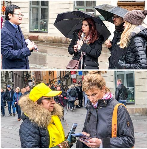 '图2：法轮功学员冒雨面对面向当地民众介绍什么是法轮功、讲述法轮功在中国无辜遭受迫害的事实真相。'