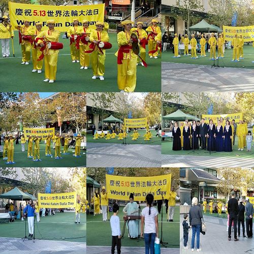 图9：五月十九日，悉尼法轮功学员在Hornsby主街上举行“世界法轮大法日”庆祝活动