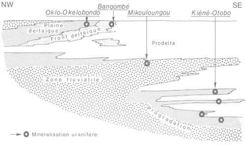 '图6：沉积盆地西北至东南方向地层剖面和铀矿区示意图（F.